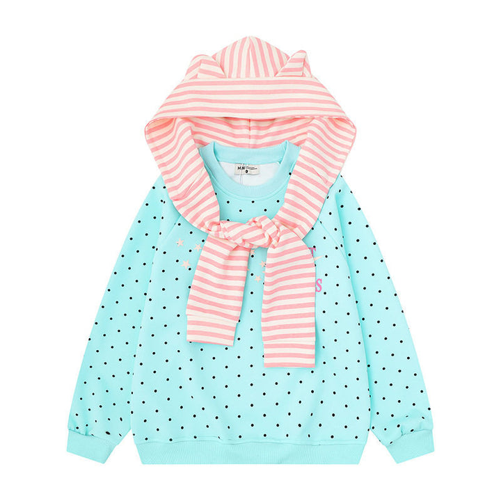 Women's Polka Dot Sweatshirt with Attached Striped Hood-Scarf and Star Appliqué Amarae