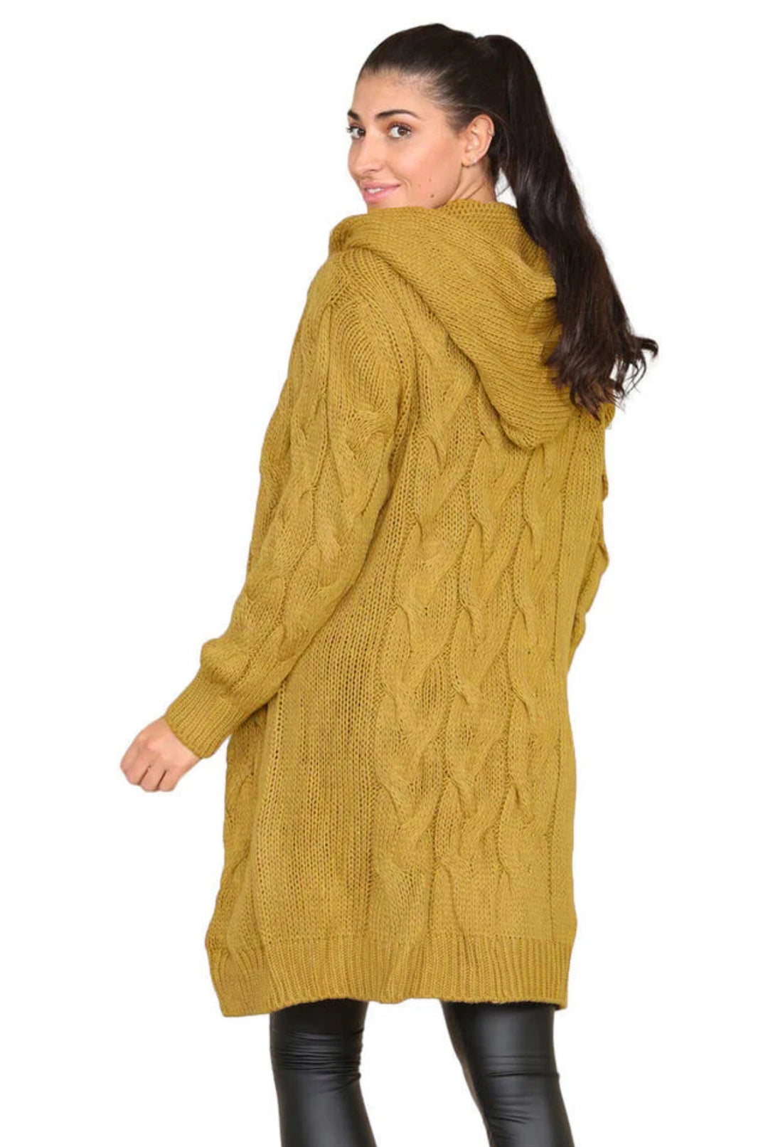 Long knitted coat for women with an elegant cable pattern and hood Lune London