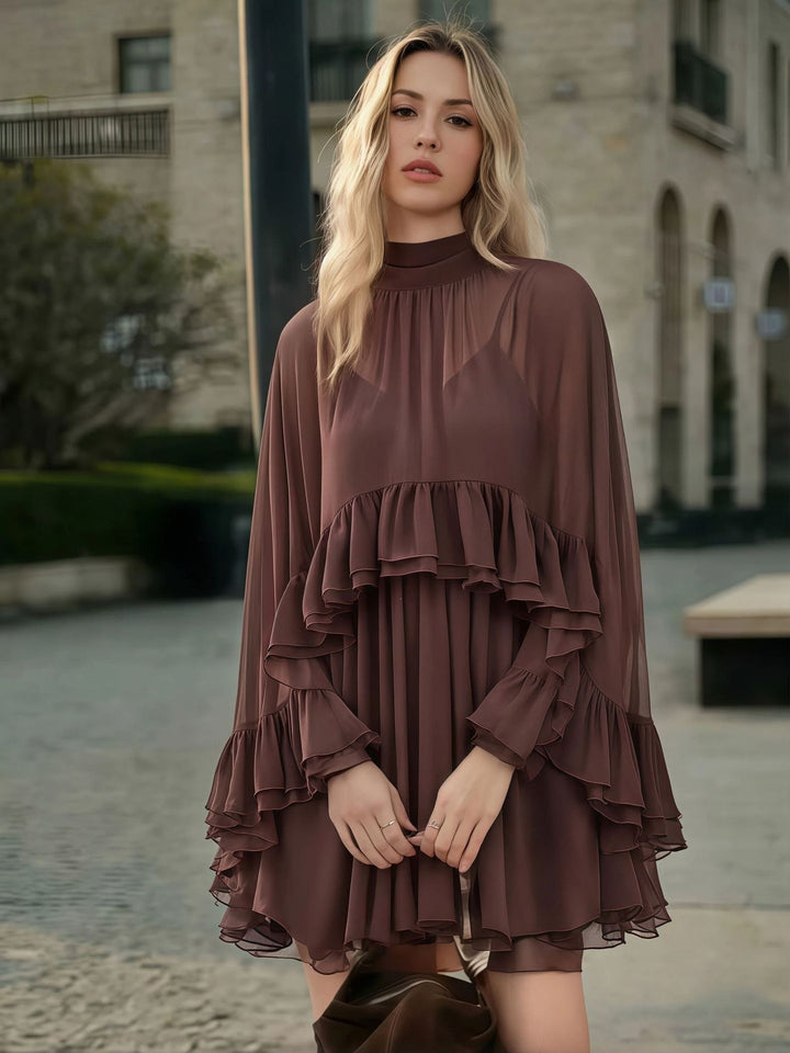 Women Elegant Ruffle Dress with High Neckline and Flowing Cut Lune London