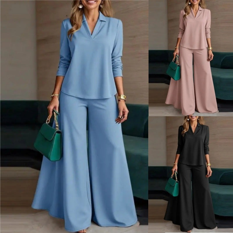 Ladies Elegant Two-Piece Palazzo Set with Shirt Collar Top and Wide Leg Amarae
