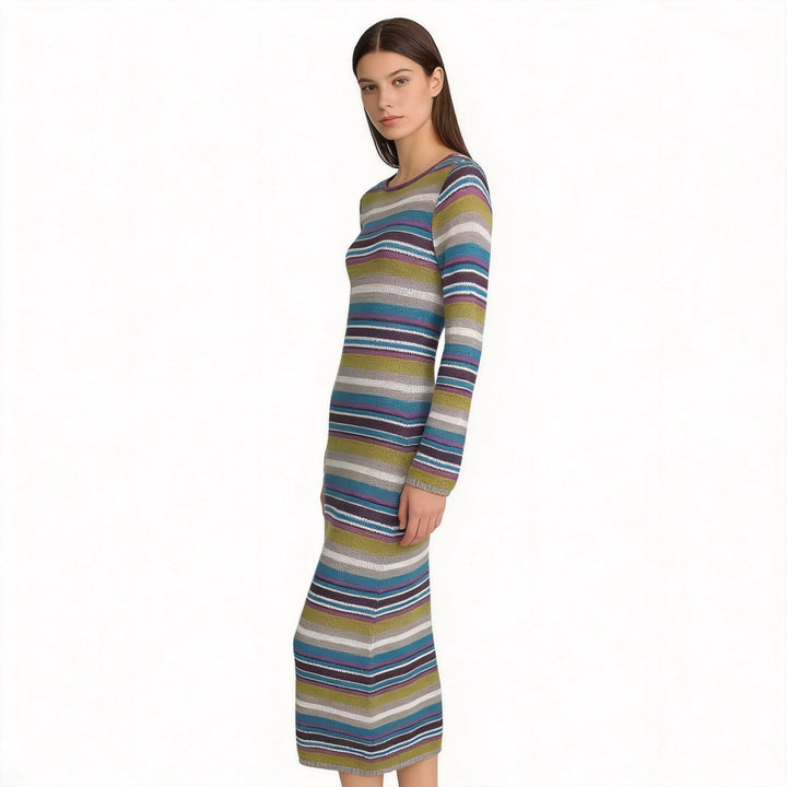 Women's Fitted Fine Knit Midi Dress with Striped Pattern and Round Neckline Amarae
