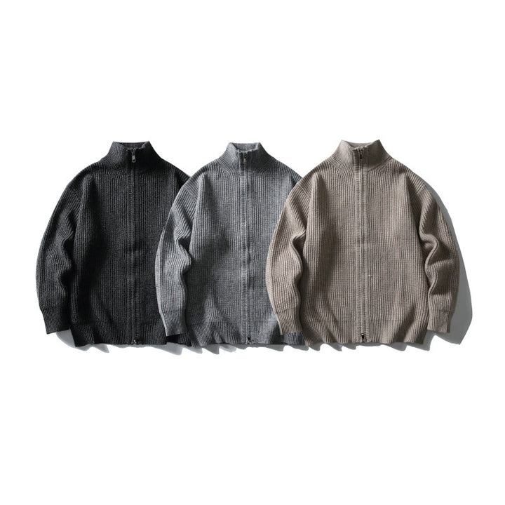 Unisex Ribbed Zip Cardigan with Stand-Up Collar Amarae