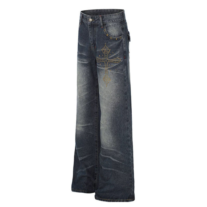 Women's Wide High-Waist Palazzo Jeans with Decorative Stone Cross Appliqué Amarae