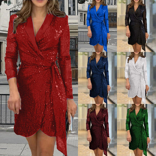 Women Glamorous Sequined Mini Dress with Wrap Design Amarae