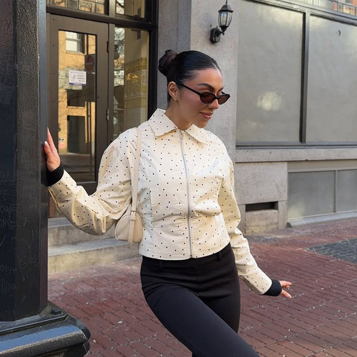 Women's tailored short jacket with polka-dot perforation, shirt collar, and concealed zipper Amarae
