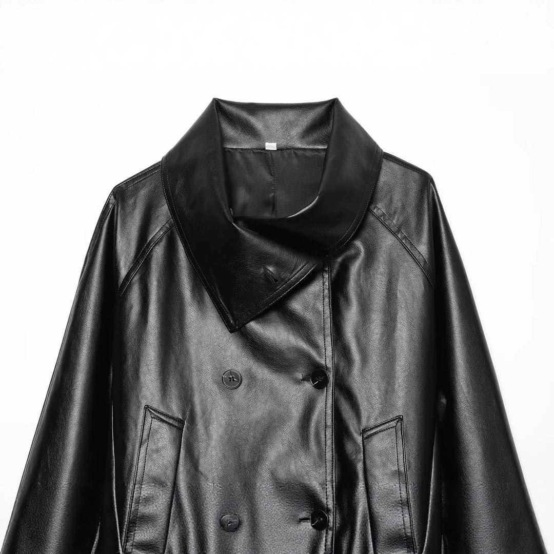 Women's Cropped Faux Leather Jacket with Wide Funnel Collar and Double-Breasted Button Placket Amarae