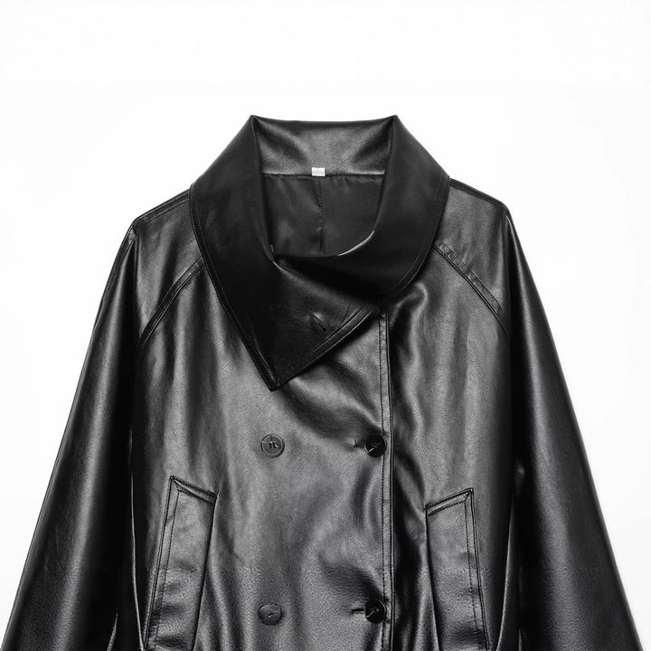 Women's Cropped Faux Leather Jacket with Wide Funnel Collar and Double-Breasted Button Placket Amarae