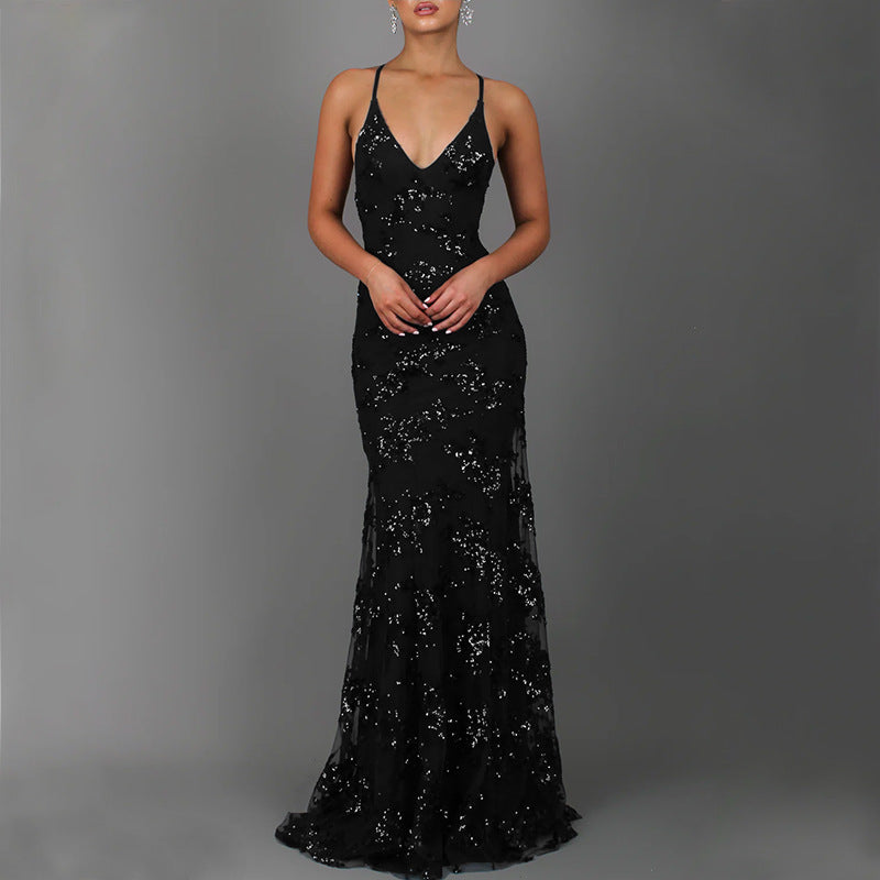 Women’s Glamorous Long Evening Dress with Sequins & V-Neck | Lune London