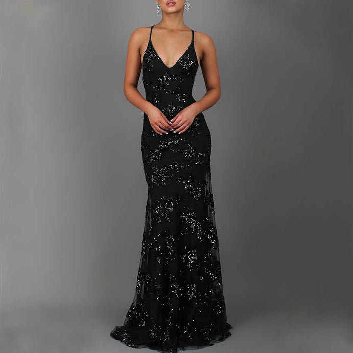 Women’s Glamorous Long Evening Dress with Sequins & V-Neck | Lune London