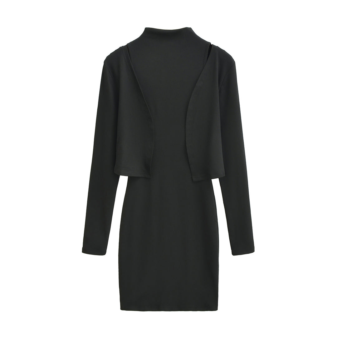 Ladies Figured Close-Fitting Midi Dress with Integrated Bolero and Stand-Up Collar Amarae