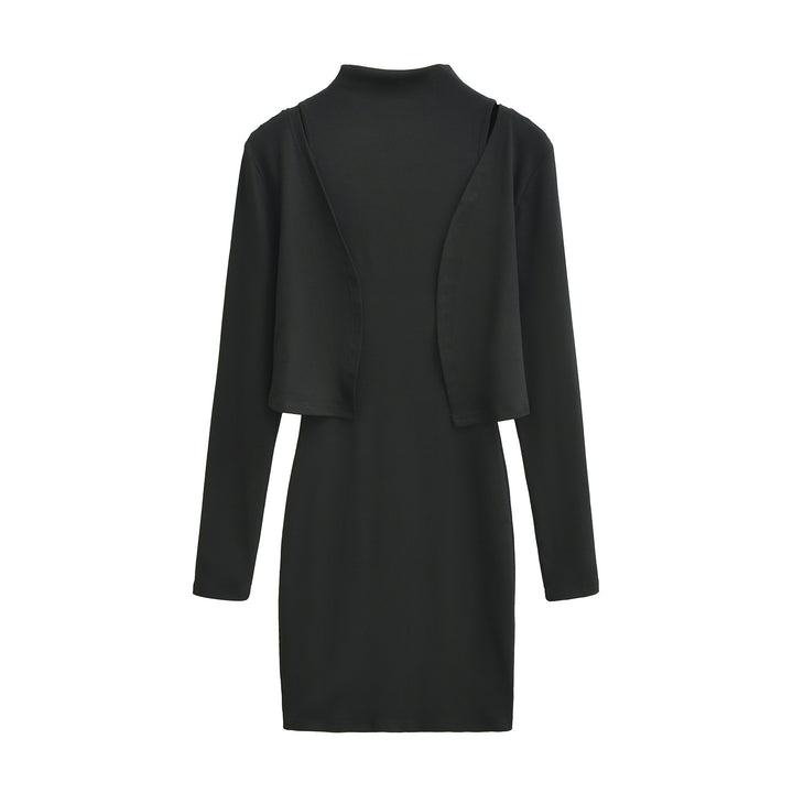 Ladies Figured Close-Fitting Midi Dress with Integrated Bolero and Stand-Up Collar Amarae