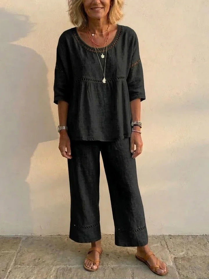 Women's Complete Loungewear Set Made of Linen with Airy Fit and Lace Details Chic & Stil
