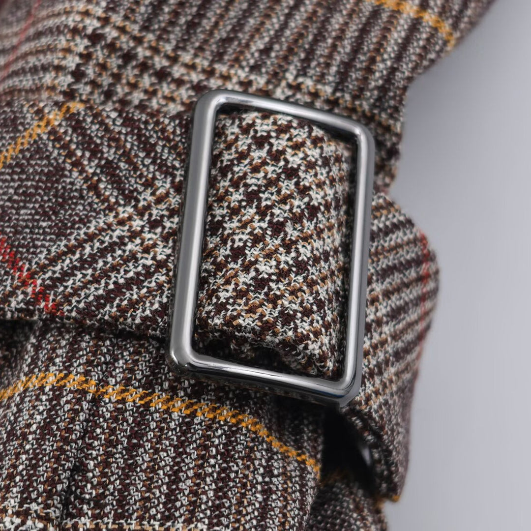 Ladies Short Double-Breasted Tailored Check Jacket with Stand Collar and Waist Straps Amarae