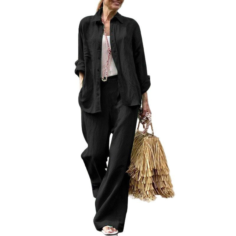 Women's Lightweight Linen Two-Piece Set with Loose Shirt Blouse and Wide High-Waist Pants Amarae