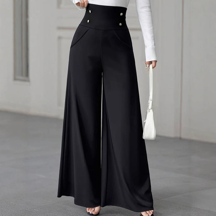 High-waisted wide-leg pants for women with decorative buttons Lune London