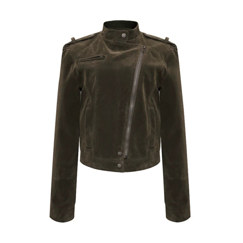 Women's Short Suede Leather Biker Jacket with Asymmetric Zipper and Stand-up Collar Amarae