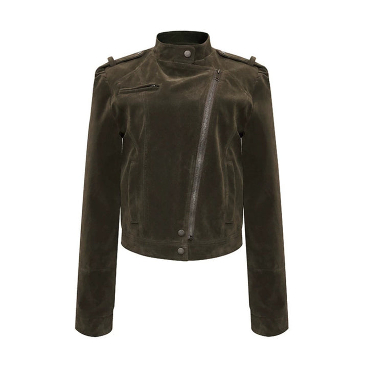 Women's Short Suede Leather Biker Jacket with Asymmetric Zipper and Stand-up Collar Amarae