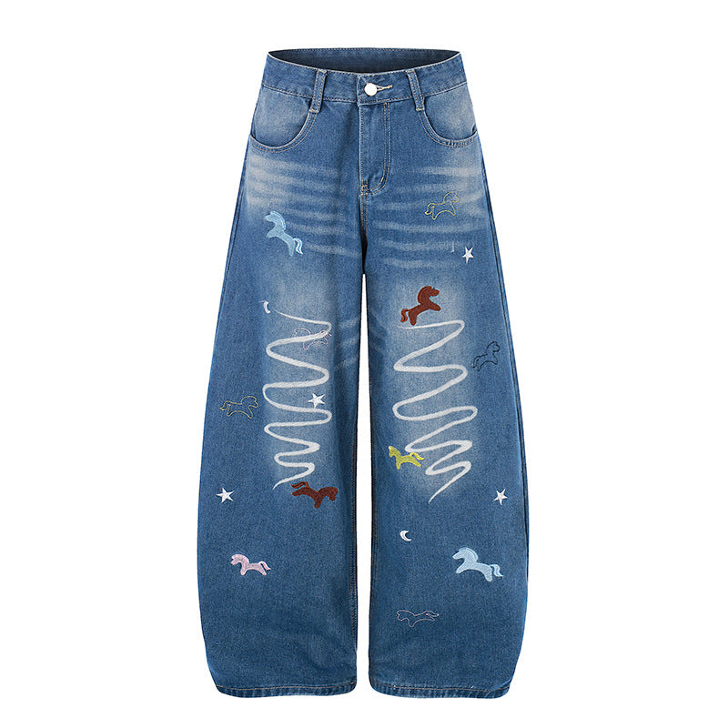 Ladies Wide High-Waist Palazzo Pants made of Denim with Horse Embroidery and Culotte Cut Amarae
