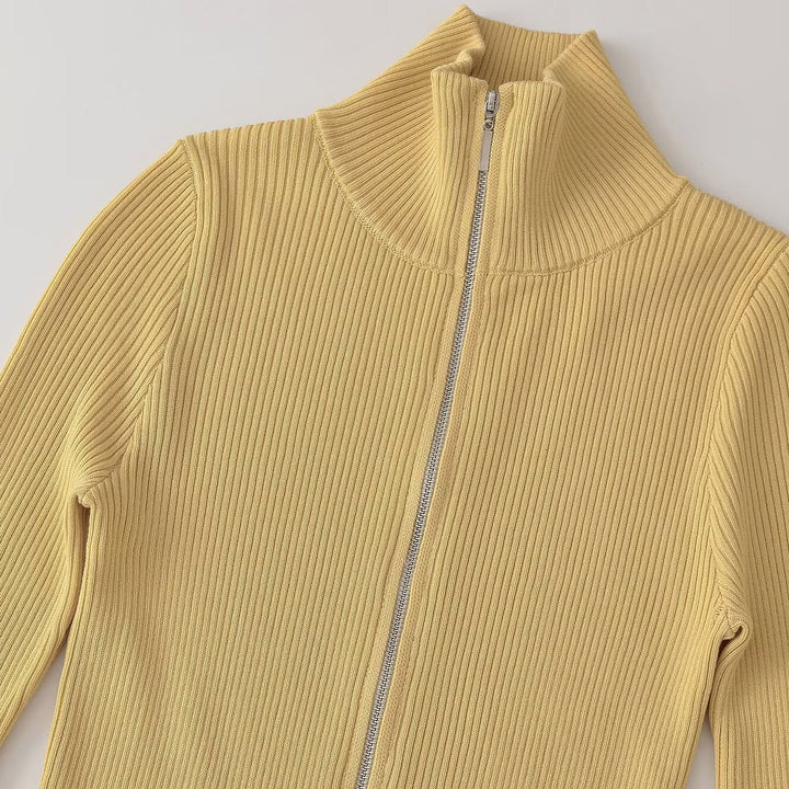 Women's Ribbed Fine Knit Cardigan with Full Zip and Stand-Up Collar Amarae