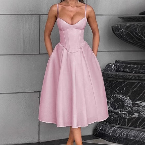Elegant midi dress for women with integrated bustier and voluminous skirt Amarae
