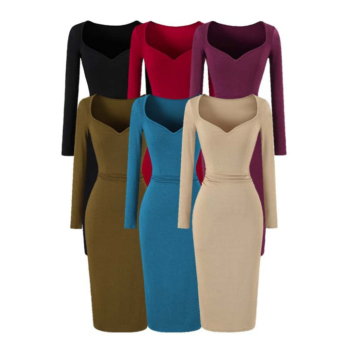 Ladies fitted midi dress with heart-shaped neckline and long sleeves Amarae