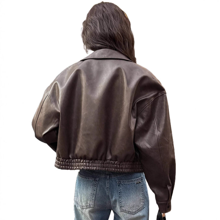 Oversized synthetic leather jacket for women with a modern look featuring a convenient zipper and elastic waist Lune London