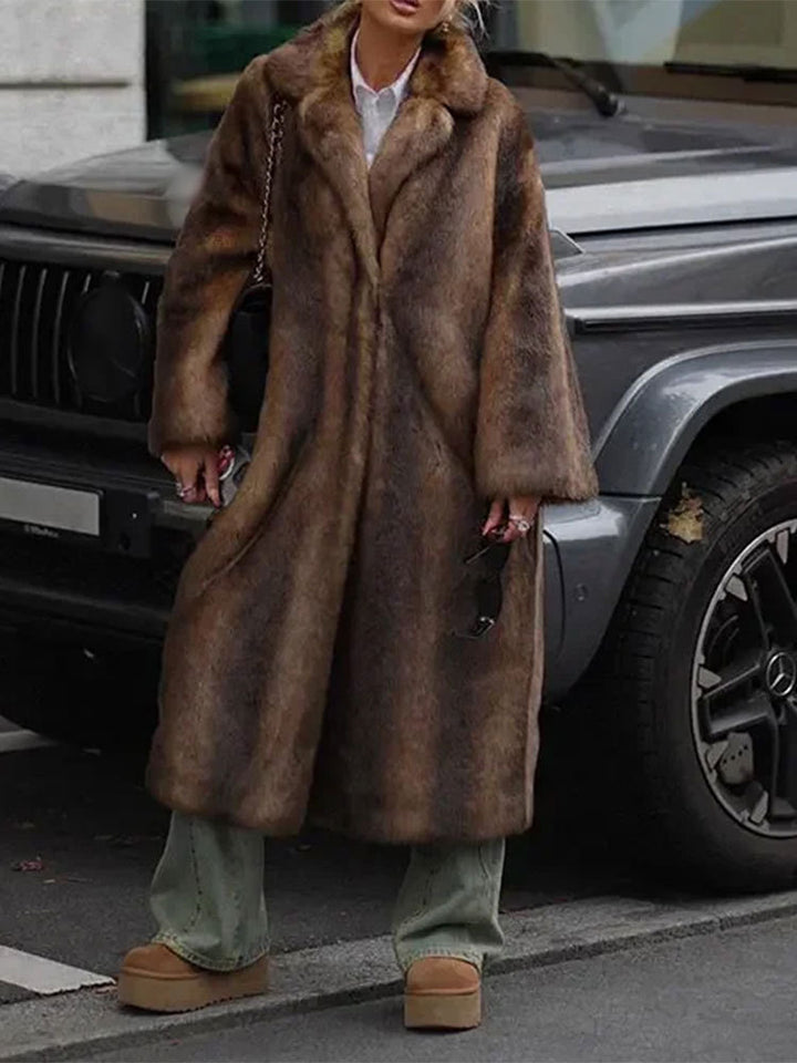 Ladies Long Faux Fur Coat with Wide Lapels and Chic Casual Cut