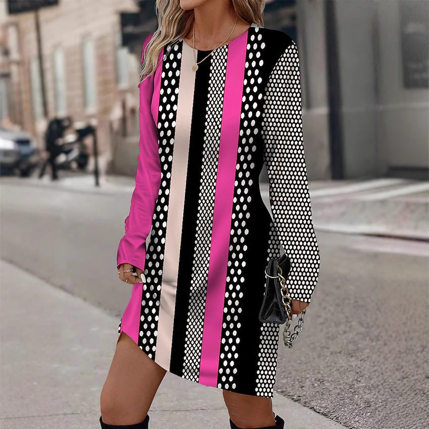 Long sleeves long dress for women with graphic striped pattern and chic dot design Style