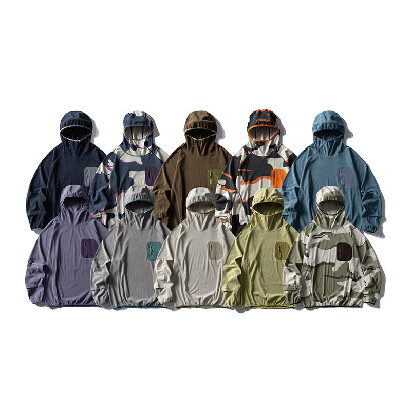 Unisex Lightweight Technical Hooded Pullover Wind Jacket with Chest Zipper Pocket and Elastic Hem Amarae