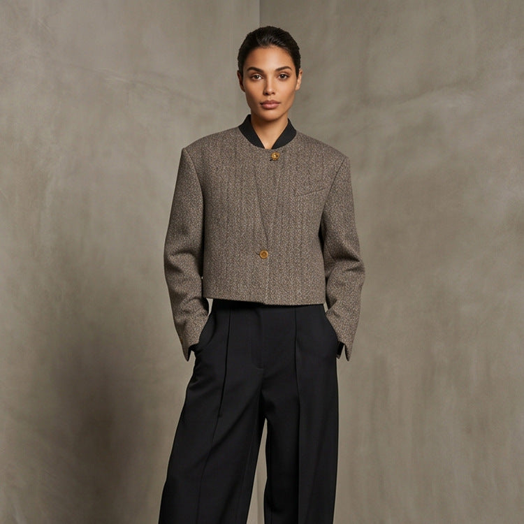 Ladies Short Cut Wool Blazer with Stand-up Collar and Herringbone Pattern Amarae