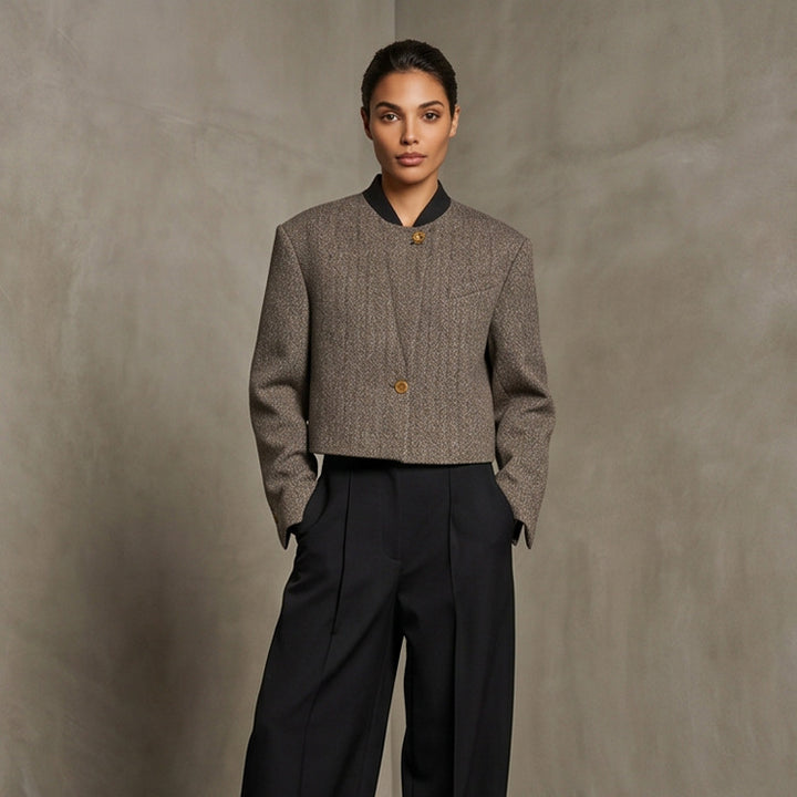 Ladies Short Cut Wool Blazer with Stand-up Collar and Herringbone Pattern Amarae