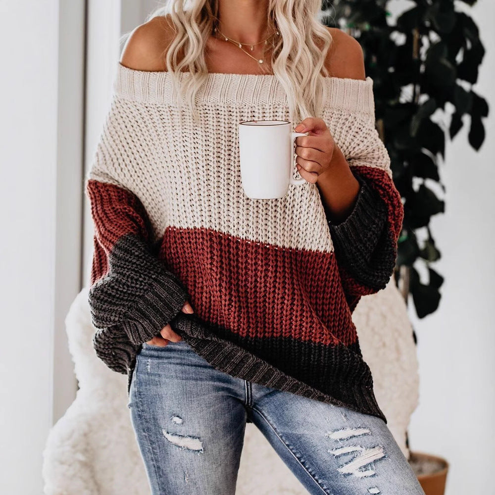 Casual chunky knit sweater for women with off-shoulder design and decorative color combination Lune London