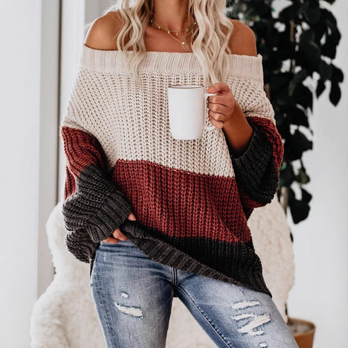 Casual chunky knit sweater for women with off-shoulder design and decorative color combination Amarae