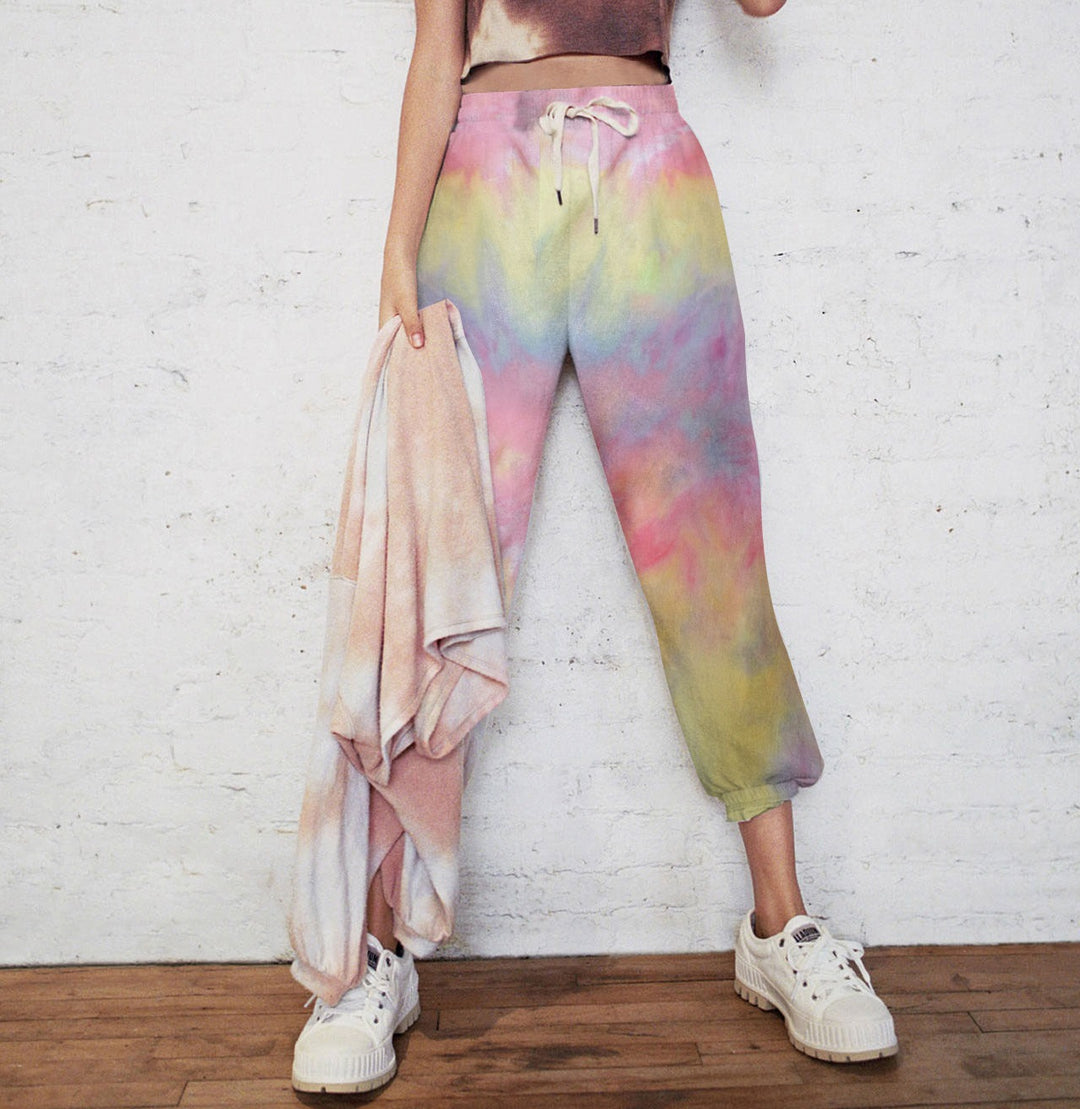 Casual pants for women with a colorful tie-dye design and an elastic waist Lune London