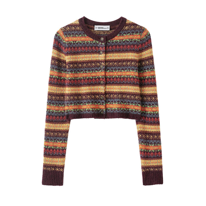 Women's Short-Cut Fair-Isle Cardigan with Round Neckline and Button Placket Amarae