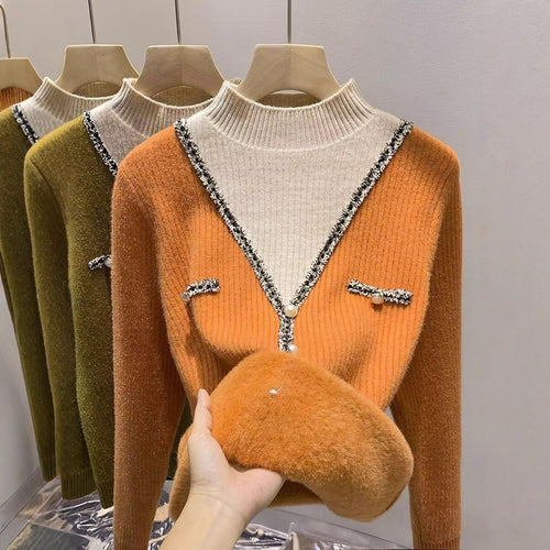 Pull femme à la mode avec col en V, détails scintillants et boutons Chic & Stil
