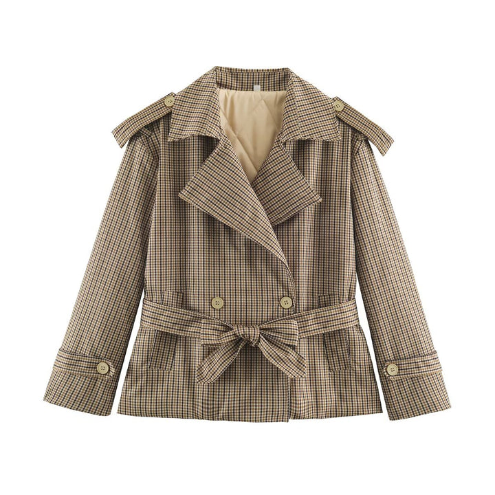 Women's short trench coat in checkered pattern with waist belt, shoulder straps and quilted inner lining Amarae