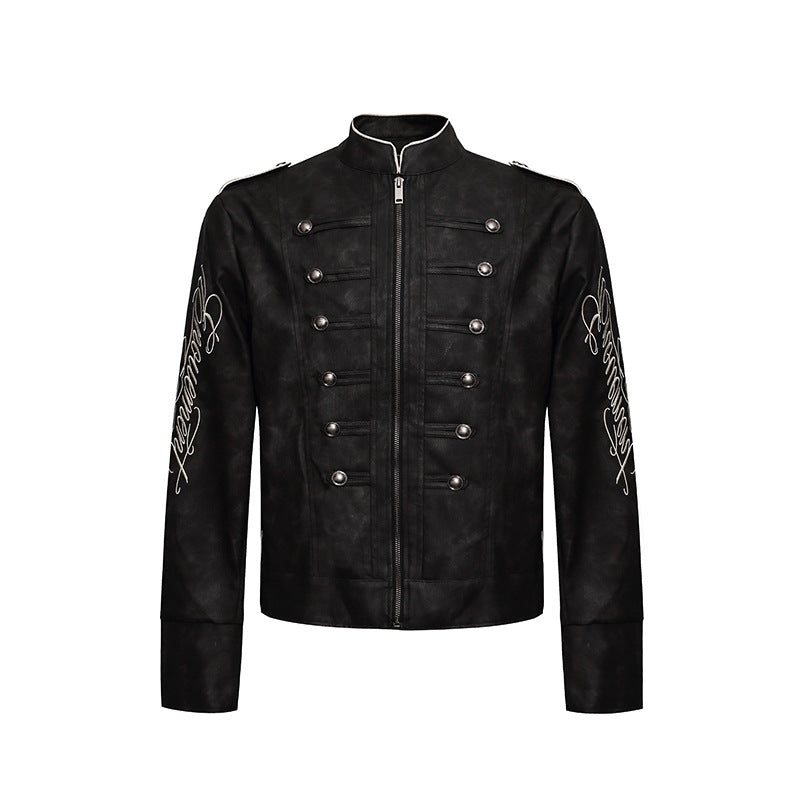 Men's military-inspired leather jacket with stand-up collar, decorative button rows, and embroidered sleeves Amarae