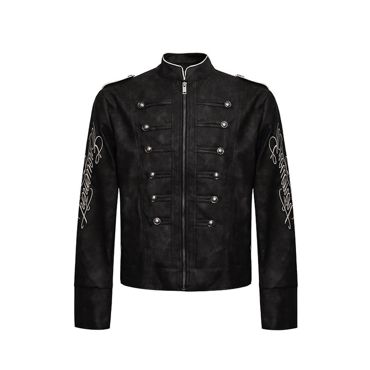 Men's military-inspired leather jacket with stand-up collar, decorative button rows, and embroidered sleeves Amarae