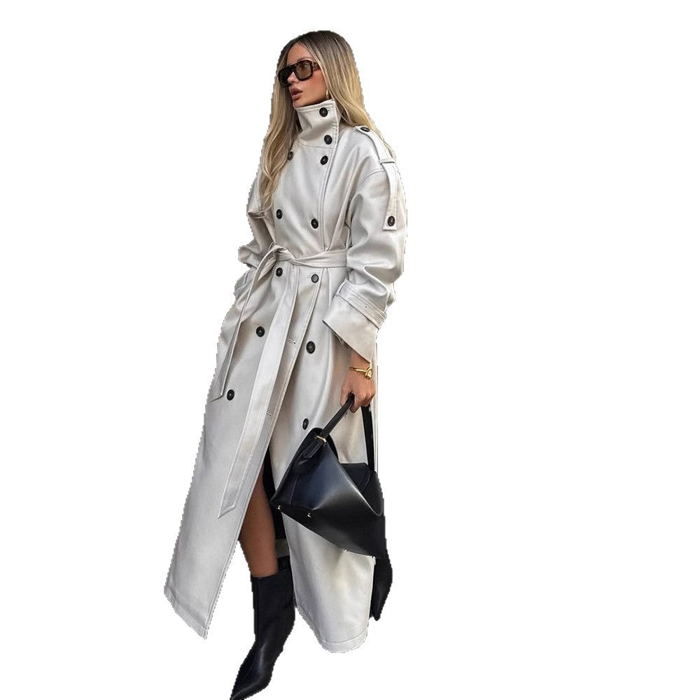 Women’s Long Trench Coat with High Standing Collar, Double-Breasted Button Placket and Wide Cuffs Amarae