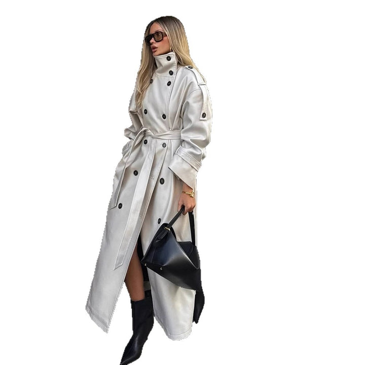 Women’s Long Trench Coat with High Standing Collar, Double-Breasted Button Placket and Wide Cuffs Amarae