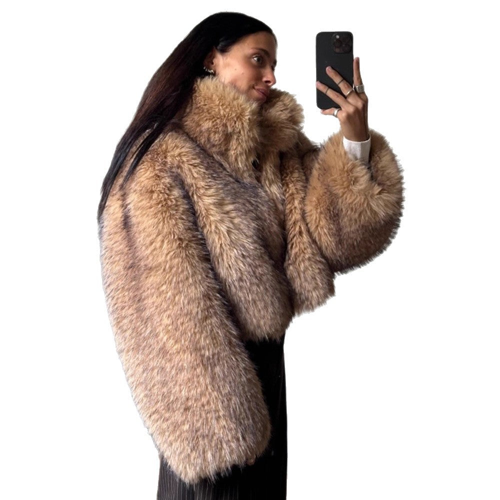 Ladies Luxury Faux Fur Cropped Bomber with Oversized Sleeves and High Shawl Collar Amarae
