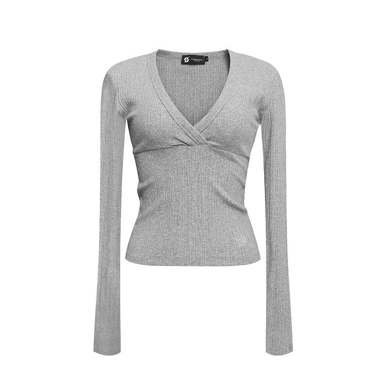 Women's Fitted Ribbed Wrap Top with Deep V-Neck Dress