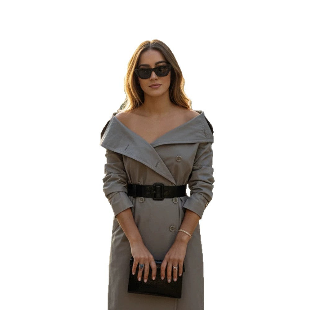 Women Off-Shoulder Trench Dress with Double-Breasted Button Placket and Fitted Patent Belt Amarae