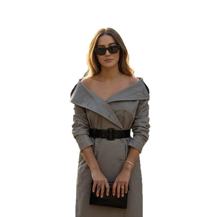 Women Off-Shoulder Trench Dress with Double-Breasted Button Placket and Fitted Patent Belt Amarae
