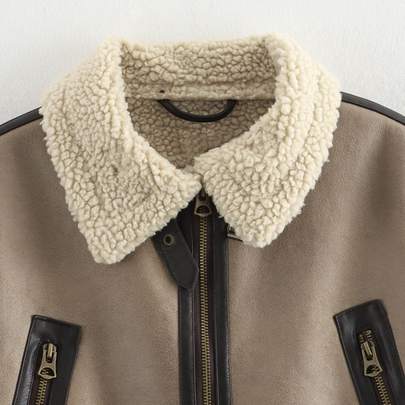 Casual leather jacket for women with faux fur collar and adjustable belt Lune London