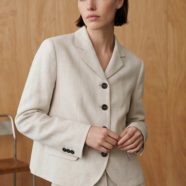 Women's Tailored Linen Blazer with Peplum, Flap Pockets and Full Button Placket Amarae