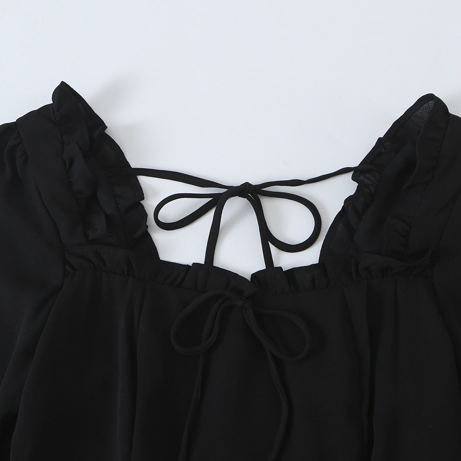 Women's A-line mini dress with ruffled square neckline, tailored silhouette, and tie straps Amarae