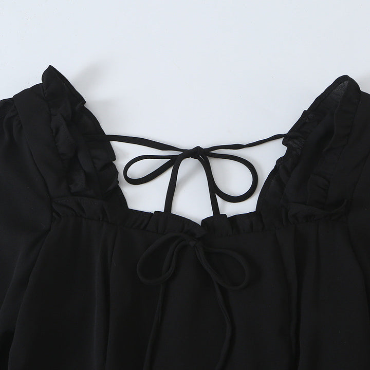 Women's A-line mini dress with ruffled square neckline, tailored silhouette, and tie straps Amarae