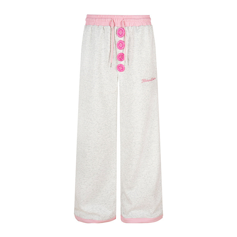 Women Wide Lounge Pants with Decorative Button Placket, High Waist and Drawstring Amarae
